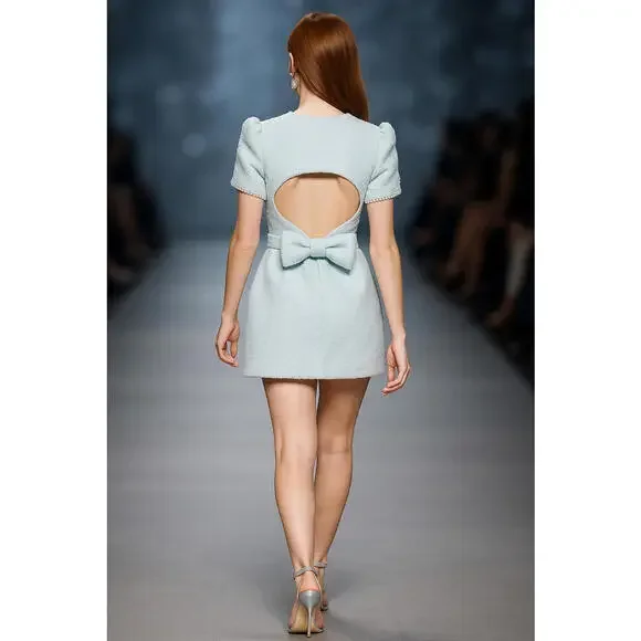 $460 ASHLEY Lauren # 4809 Blue Tweed Bow Cut-out sz 2 Puff Sleeves Day-Dinner - Picture 3 of 3